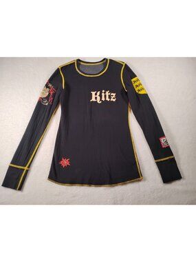 Vtg Alp N Rock Henley Shirt Kitz Graphic Print Cross Stitch Base Layer Sz 1 Blk